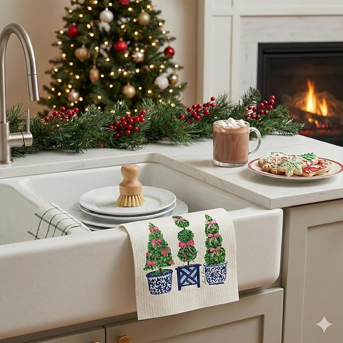 Garden Collection Swedish Dishcloth, Reusable Paper Towel, Super Absorbent Cellulose Sponge, Kitchen Cleaning Cloth, Washable & Compostable (Trio Topiary - 1 Pack)