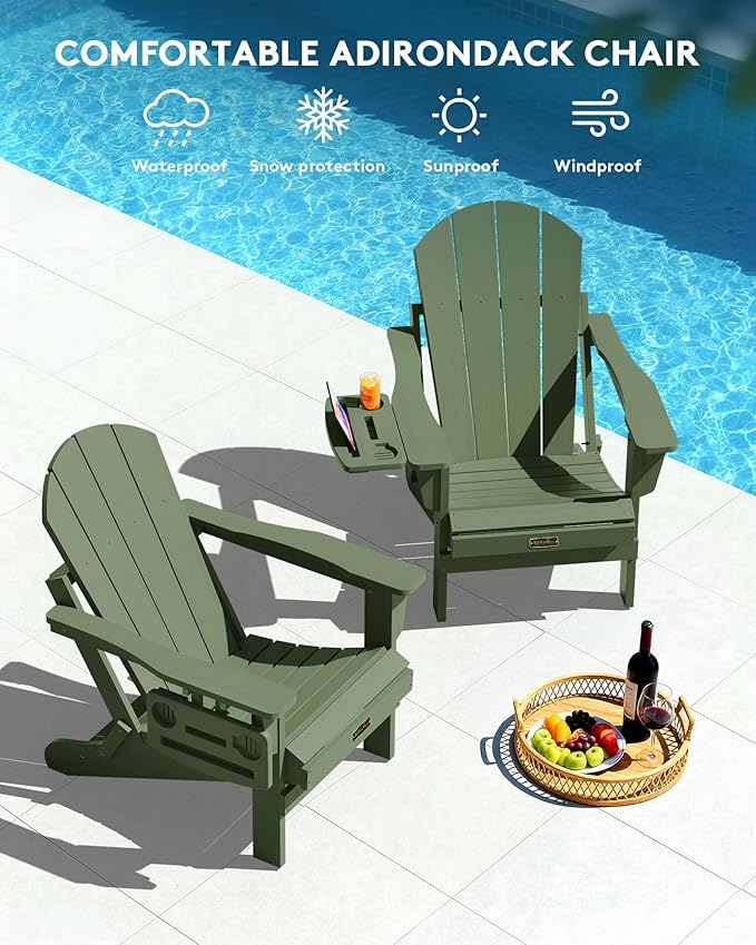 SERWALL Folding Adirondack Chair, Paito Adirondack Chairs with 4-in-1 Multi-Functional Cup Holder, Outdoor Chairs, All Weather Fire Pit Chair for Garden, Poolside, Backyard, Lawn - Army