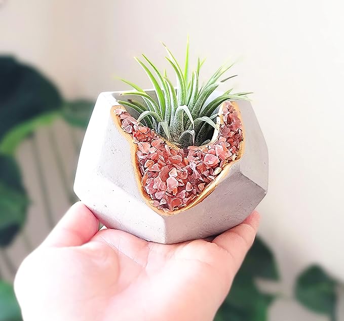 6 Pack Small Crystal Cement Pots - Unique Air Plant Holders - 3 Inch Mini Geode Concrete Plant Pots with Drainage Hole - Geometric Succulent Pots - Decorative Tealight Candle Holders