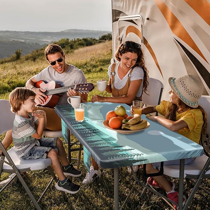 Fitted Picnic Table Cover with Bench Covers Elastic Water Proof Outdoor Camping Tablecloth for 8 Foot Rectangle Tables Roadtrip Summer Organization Rv Car Essential Holiday Gifts for Campers