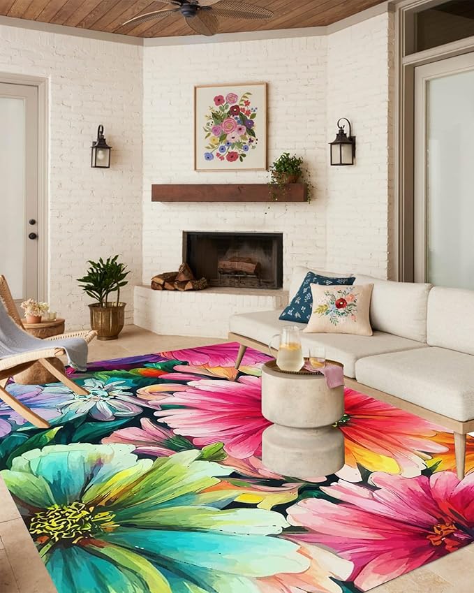 Lux Washable Outdoor Rug Farmhouse Modern Floral Pattern Red Green Area Rug for Patio Deck Porch Balcony Non Slip Romantic Backyard Garden Waterproof Carpet Cute Outside Rugs 6x8