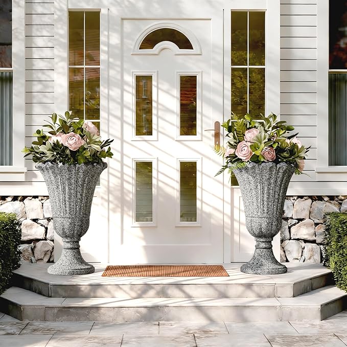 Heavy-Duty 23.6" Tall Urns Planters for Outdoor Plants - Set of 2 Water Storage Base Large Outdoor Planter for Porch, Sandblasting Process Indoor Flower Pots for Home/Garden Vase, Heather Gray