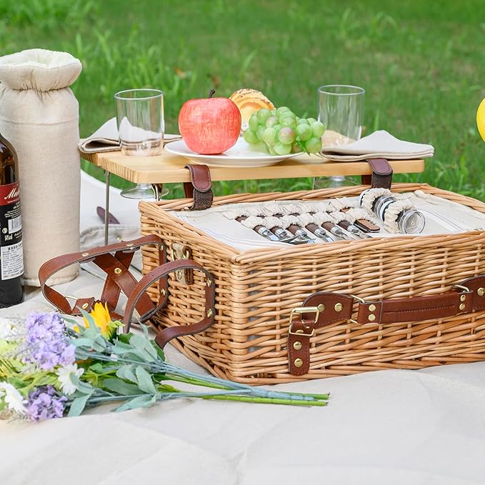 Multifunctional Wicker Picnic Basket Set for 4 with Blanket and Picnic Table, Insulated Picnic Set with Full Tablewares for Camping Outdoor Couples,Natural