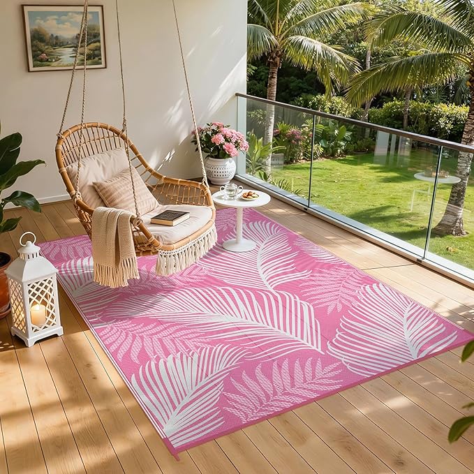 Pauwer Waterproof Outdoor Rug 6x9, Reversible Plastic Straw Patio Camping Rug, Indoor Outdoor RV Mat Carpet for Deck, Camper, Porch, Balcony, Backyard, Picnic, Leaf Pink