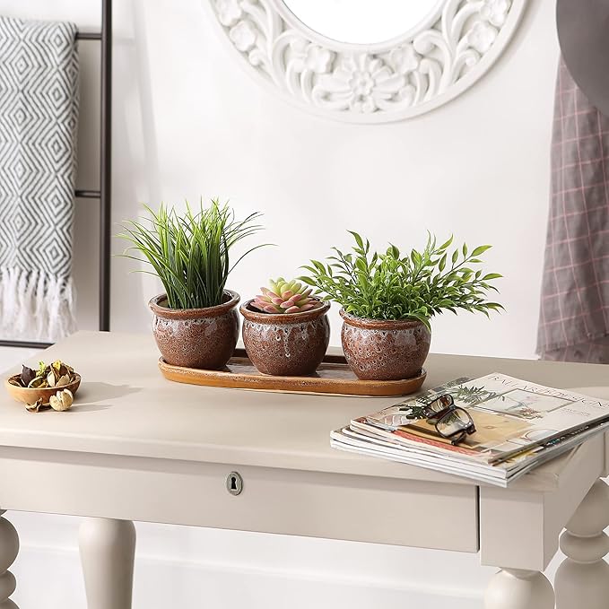 DII Ceramic Planter Collection Herb Pot Set, Brown Round, 13x75x4.5x4