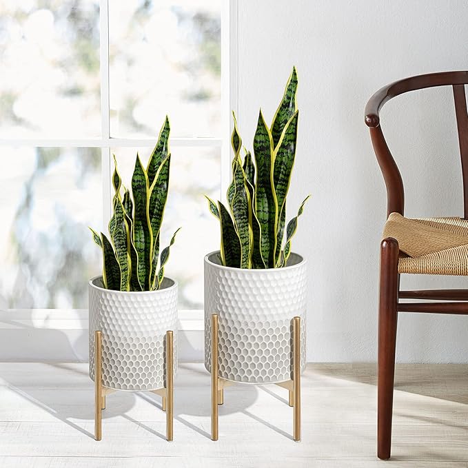 Oakrain Mid Century Planters for Indoor Plants, Set of 2, Modern Decorative Metal Pots for Living Room, Office, Garden or Balcony, Gray and White Gradient Planter with Stand, 8 inch&10 inch