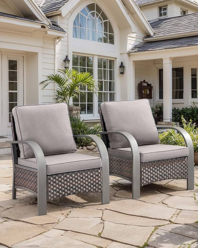 HUMMUH Outdoor Wicker Patio Chairs Set of 2-High Back Patio Dining Chairs Outdoor Patio Chairs for Deck Porch Lawn Garden Backyard-Brown/Grey