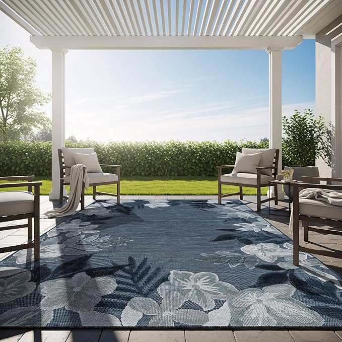 Outdoor Rug 6x9 Washable Area Rugs Indoor Outdoor Carpets Navy Border Floral Non Shedding Waterproof Easy Clean Patio Deck Porch Living Room Bedroom Garden RV (6 X 9 Navy)