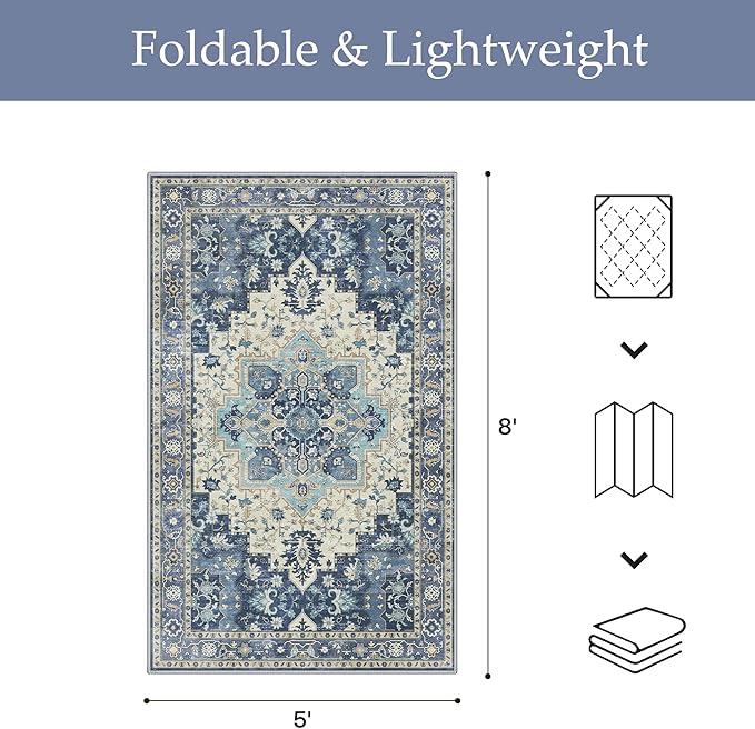 GENIMO Outdoor & Indoor Area Rug 5'x8', Waterproof, Non-Shedding, Easy Cleaning, Boho Mat for Patio, Living Room, Balcony, Dining Room, RV, Deck, Bedroom, Camping, Outside Carpet,Center Blue
