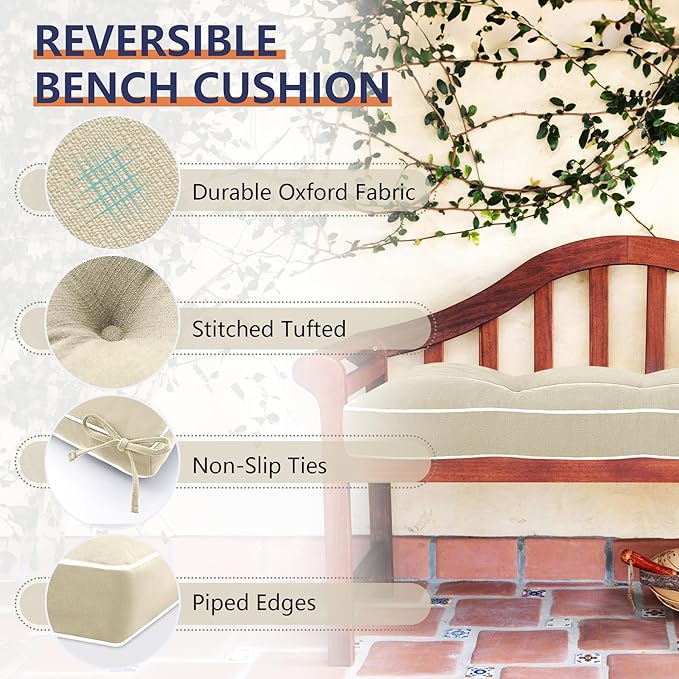 Favoyard Indoor/Outdoor Bench Cushion 42 x 16 Inch Waterproof & 3-Year Fade-Resistant Patio Furniture Cushions for Garden Porch Swing Chair Tufted Pad for Sofa Couch Seat with Ties, Beige