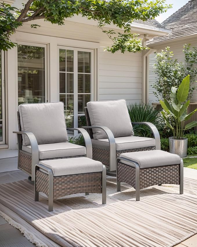 HUMMUH Swivel Rocker Outdoor Chair-High Back Patio Chairs with Ottoman Outdoor Conversation Furniture Sets for Deck Porch Garden Poolside Backyard-Brown/Grey