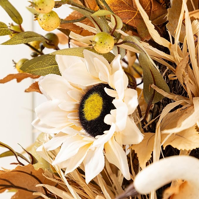 Glitzhome 2 PCS 36”H Fall Porch Tree, Harvest Artificial Porch Tree with Sunflower, Pinecone and Berry Porch & Black Planter, for Autumn Fall Harvest Thanksgiving Christmas Decoration