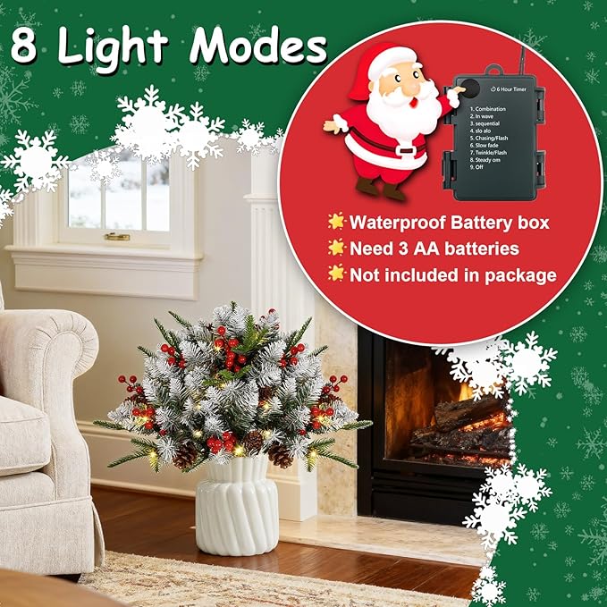 JOYHALO 2 Pack Set 22Inch Christmas Urn Filler with 40 Warm White Lights, Christmas Pot Fillers with White PVC&PE Branches, Outdoor Christmas Trees for Porch Pathway Entryway Yard Decorations