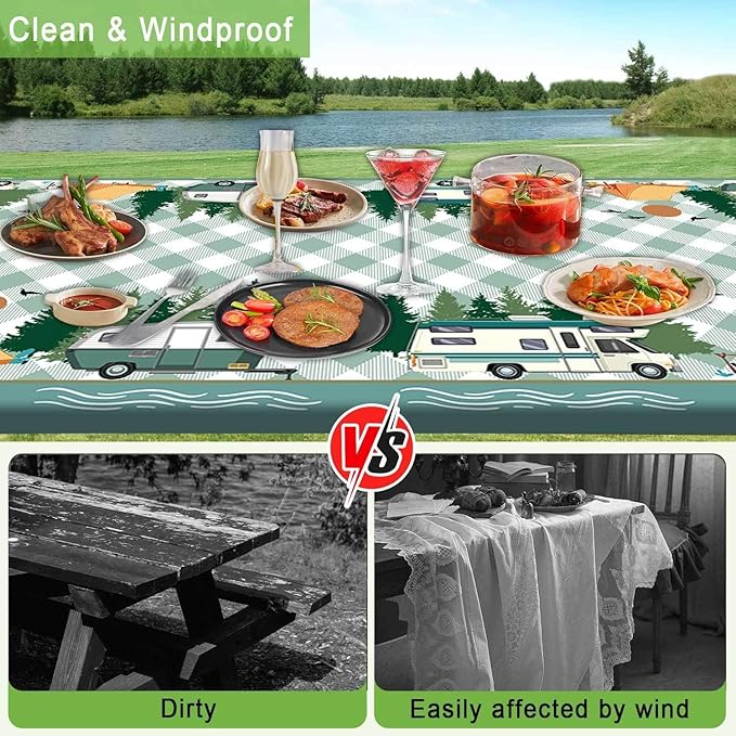 Picnic Table Cover with Bench Covers, Buffalo Plaid Camping Waterproof Windproof Fitted Tablecloth Cover with Elastic Edge, Camping Fitted Tablecloth with Drawstring Bag, 96in, Green