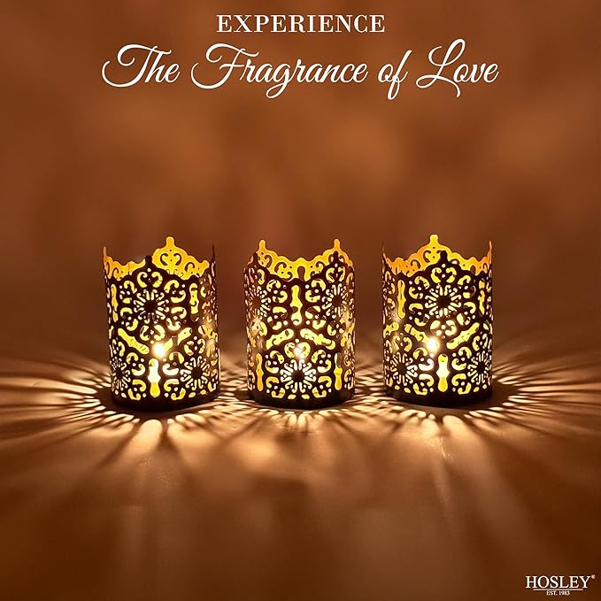 Hosley Set of 3 Black Finish Metal Candle Holders 4 Inch High Lattice Cut Lanterns for Coordinated Elegance and Enchanting Illumination Elevate Your Decor
