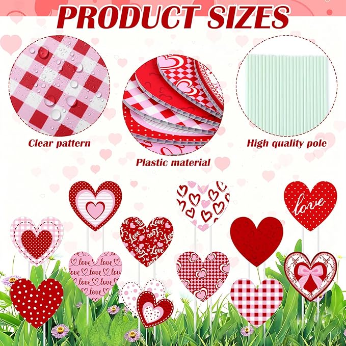 12 Pcs Valentine's Day Heart Yard Signs 14.6 Inch Love Heart Yard Stakes Red Pink Valentines Outdoor Decoration for Valentine's Day Anniversary Outdoor Front Door Lawn Patio Garden