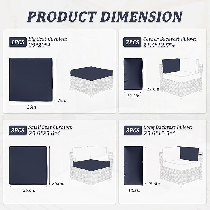 Patio Furniture Cushions, Replacement Outdoor Cushions for 4-Seat Patio Furniture, Waterproof Cushions for Outdoor Sectional Sofa Couch, Navy
