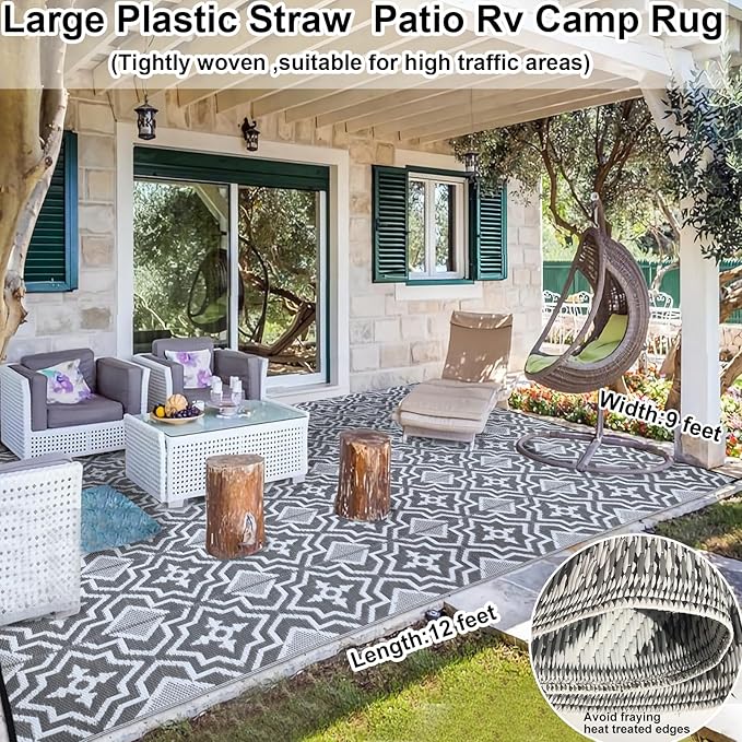 Outdoor Rug Waterproof 9x12 Camping Rug Outdoor Carpet for Patio,Outdside Rug,Plastic Straw Mat, Rv Camping Essentials,Outdoor Mat Decor Deals for Patio,Camping,Deck,Balcony,Porch
