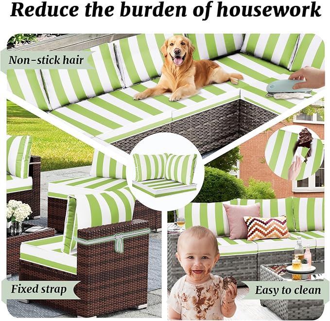 Outdoor Sectional Cushions Replacement Set, 26x26in Patio Furniture Cushions, 14 Pieces Waterproof Outdoor Couch Cushion for 6 Seat Wicker Conversation (Grass Green with White Stripes)