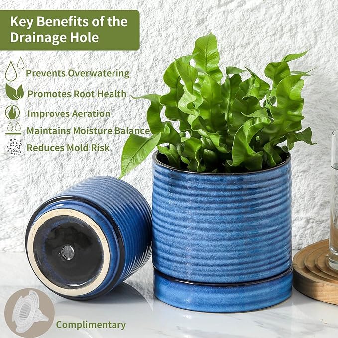 HASENSE Ceramic Plant Pots Indoor Outdoor, 6 Inch Pot for Plants with Drainage Hole and Saucer, Reactive Glaze Blue Modern Planter for Housewarming