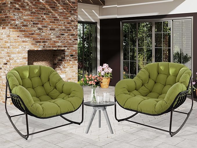 Papasan Rocking Chair, Oversized Papasan Chair with Cushion and Frame for Indoor& Outdoor, Deep Seat Egg-Shaped Rocker Chair for Garden, Deck, Living Room, Green