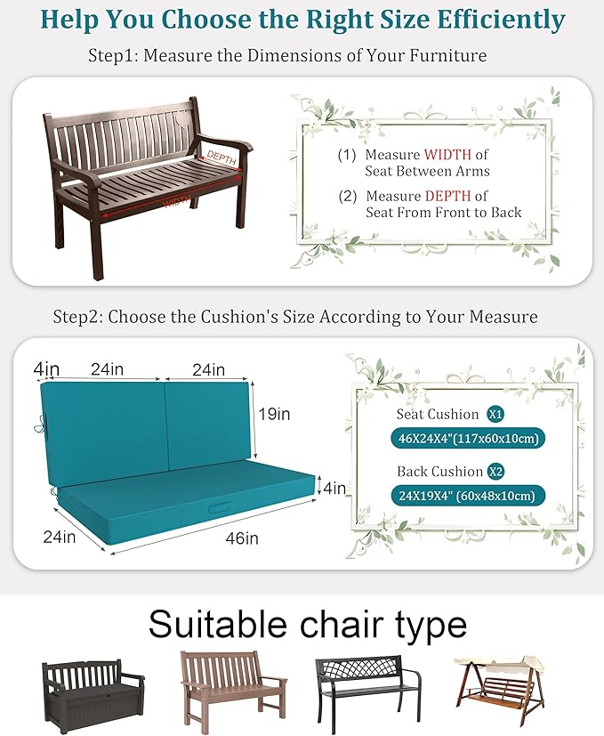 46 x 24 Outdoor Loveseat Cushion Set, 3 Piece Seat Cushions for Patio Furniture,Fade Resistant,Water Repellent, Outdoor Cushion Set for Wicker Couch,Bench,Swing,Turquoise