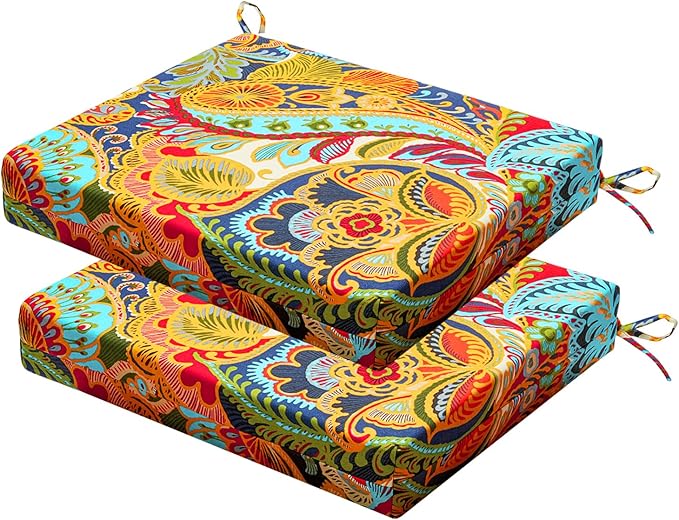 Outdoor Chair Cushions Set of 2, 18.5 x 16 Inch Patio Chair Cushions for Outdoor Furniture, Water Resistant Outdoor Patio Chair Cushions with Non-Slip Ties(Paisley)