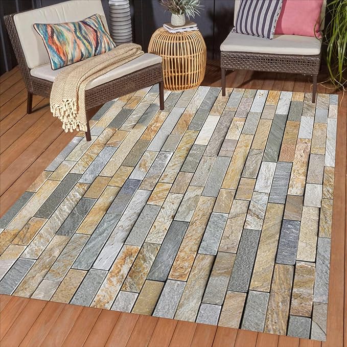 Modern Abstract Beige Brown Grey Stone Brick Texture Outdoor Waterproof Area Rug for Patio Porch Garden Camping Rustic Farmhouse Outside Rugs Washable Carpet 6x8 Balcony Front Yard Deck No Slip Mat