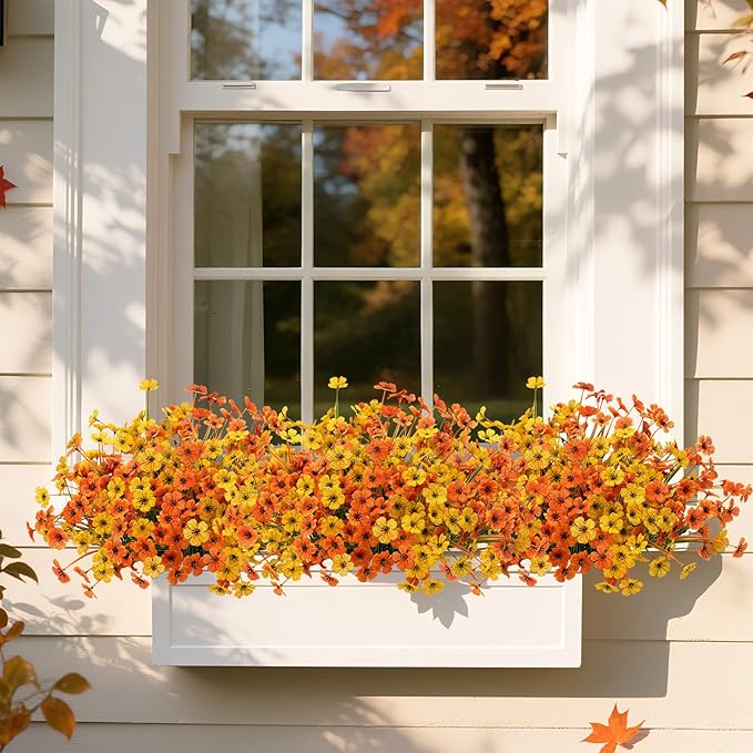 Artificial Mums Fall Fake Flowers for Outdoors, 12 Bundles Faux Mums for Outdoor Planters Autumn Decorations,UV Resistant Silk Flowers for Front Porch Garden Patio Home Decor(Fall-Orange Yellow)