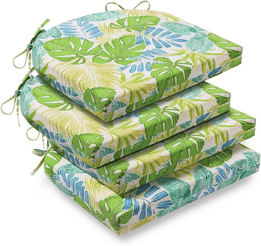 downluxe Outdoor Chair Cushions Set of 4 for Patio Furniture, Water-Resistant Patio Chair Cushions with Ties, High Density Foam Outdoor Seat Cushion, 17" X 16" X 2", Tropical Green Leaves