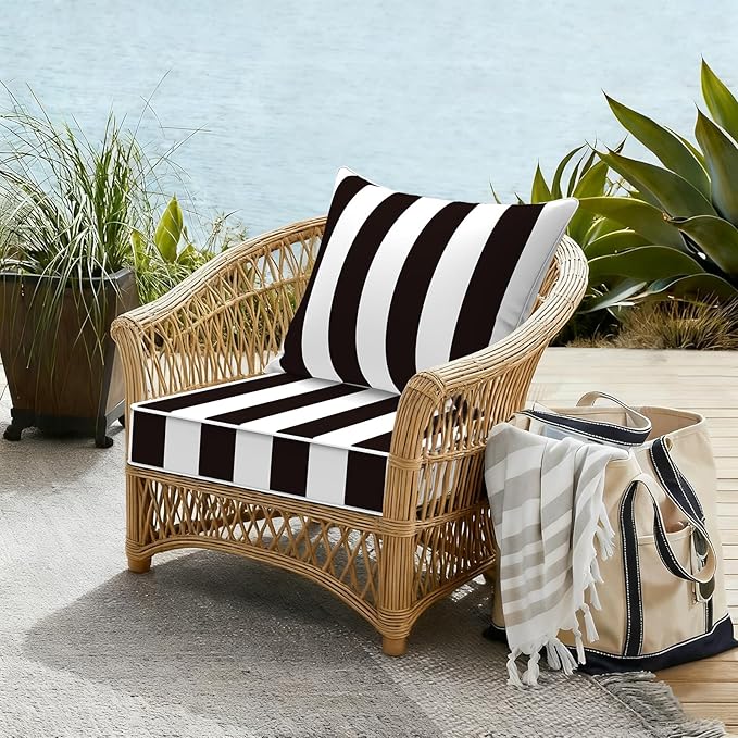 Outdoor Deep Seat Cushion Set, Water Repellent 22"x22" Patio Thick Cushions Replacement with Seat & Back Pillow for Patio Sofa, Wicker Chair, Couch - Cabana Black