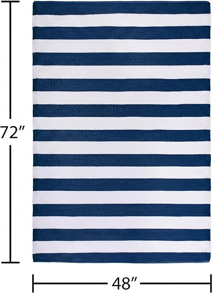 FH Home Outdoor Rug - Waterproof, Fade Resistant, Reversible - Premium Recycled Plastic - Striped - Patio, Deck, Porch, Balcony, Laundry Room - Brittany Stripe - Blue & White Crease Free - 4 x 6 ft