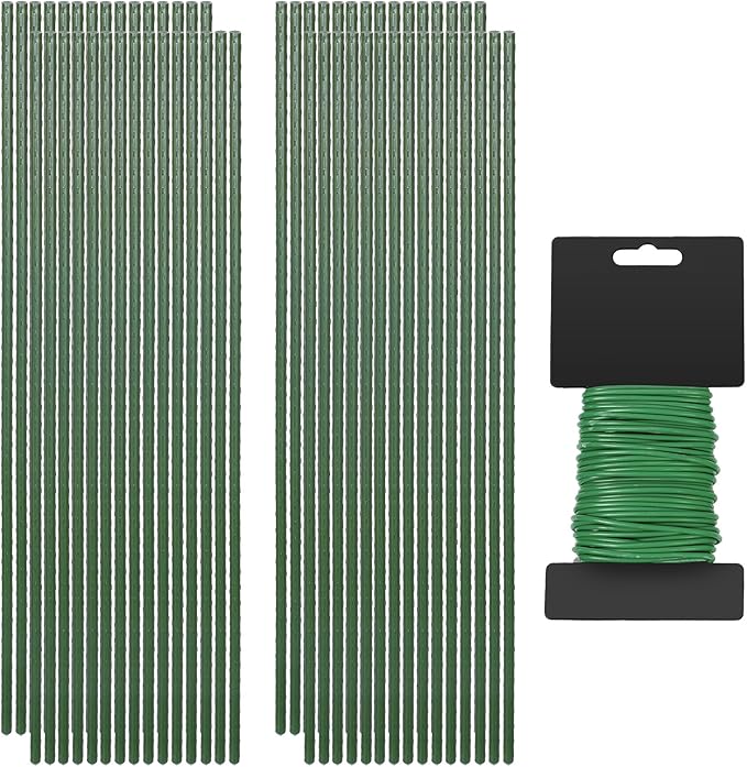 Tool Garden Stakes Kit Sturdy Green Plant Sticks Supports with Plastic Coat Plant Climbing Frame with Tie Set for Vegetable Tomato Outdoor Gardening Supplies (Green,4ft)