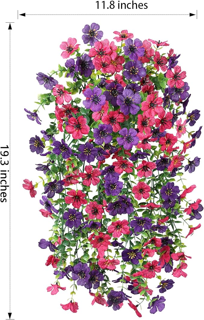 HyeFlora Artificial Flowers for Outdoors Decoration, 2Pcs Fake Hanging Spring Summer Decor, Purple and Hotpink Realistic Plants, UV & Fading Resistant Silk Flower for Porch Patio Balcony Planter Yard