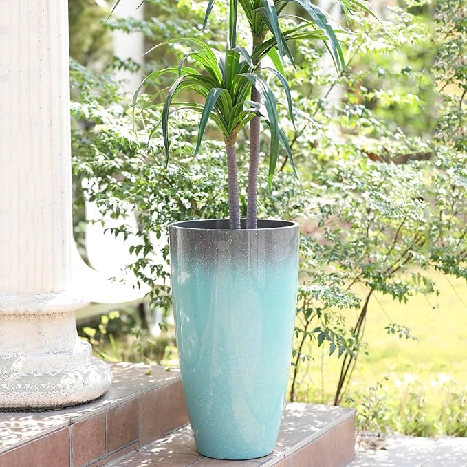 Planters for Outdoor Plants, Large Outdoor Plastic Grey to Azure Gradient Tall Flower Pots 2Pack, Patio Decor Unbreakable Resin, Lightweight Planter