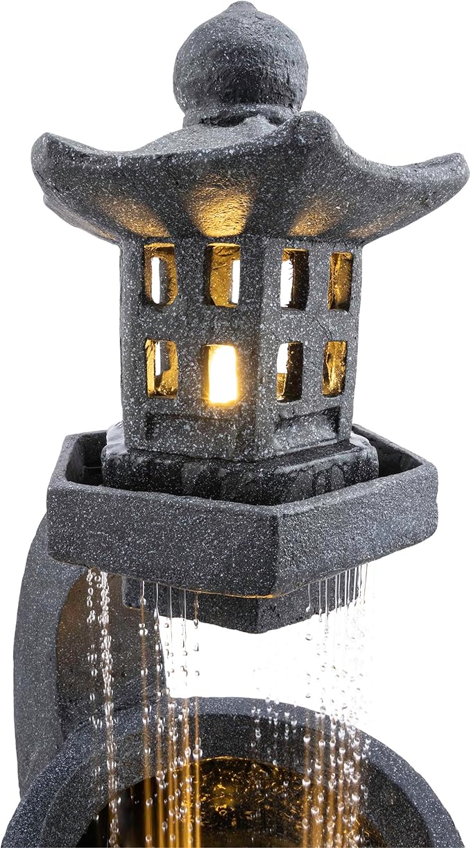 Alpine Corporation DIG370 31" Outdoor Zen Pagoda Water Fountain with LED Lights & Illuminated Stone Bowl – Tranquil Garden Water Feature for Relaxation and Ambiance, Gray