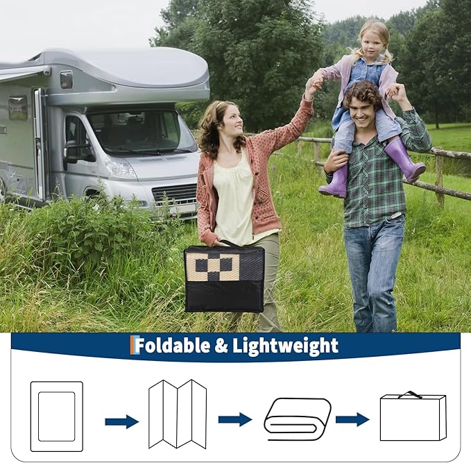 Garvee 8x10 Outdoor Waterproof Rug Reversible Modern Geometric Neutral Outdoor Patio Rug, Weather Resistant Plastic Straw Rugs Portable Camping Carpet for Garden Backyard Balcony, Black & Beige