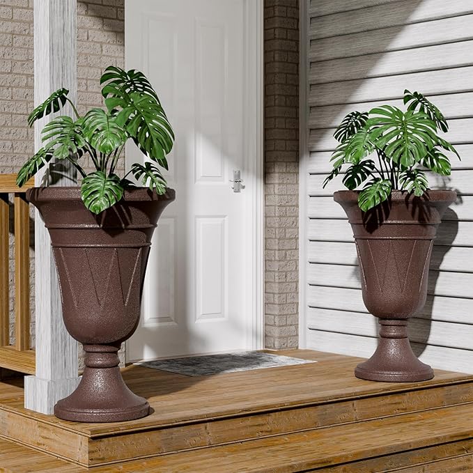 23.6" Tall Plastic Urn Planters for Outdoor Plants, Set of 2 Heavy-Duty Classic Indoor Large Flower Pots with Drainage Holes & Trophy Design, Outdoor Planters for Porch, Home Garden, Brown