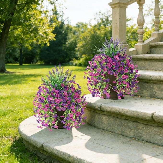 Artificial Fake Hanging Flowers Plants for Outdoor Outside Decoration, Faux Silk Daisy Flower Realistic UV Resistant for Front Porch Patio Balcony Garden Yard Indoor Planter Home Decor(Purple)