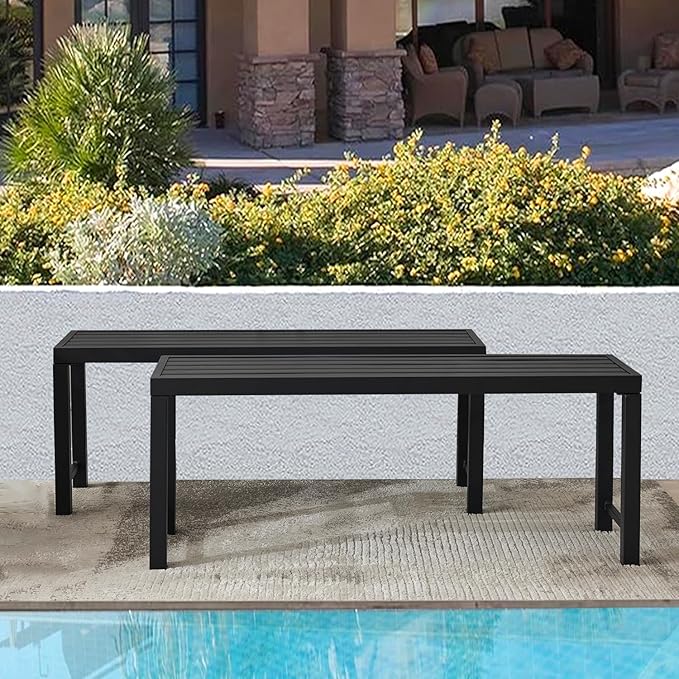 Black Outdoor Bench, Outdoor Metal Backless Bench Set of 2, 46" Patio Garden Bench for Outdoor, All Wheather Outdoor Bench for Garden, Backyard, Porch, Black