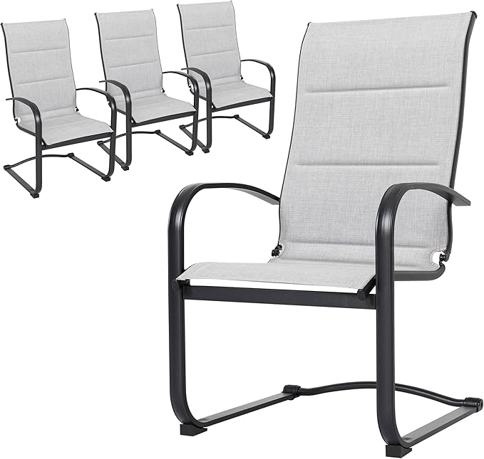 NUU GARDEN Patio Chairs Set of 4, All-Weather Padded Textilene Outdoor Dining Chairs with Spring Motion and High Back, Breathable Patio Chairs for Backyard Lawn Deck, Gray