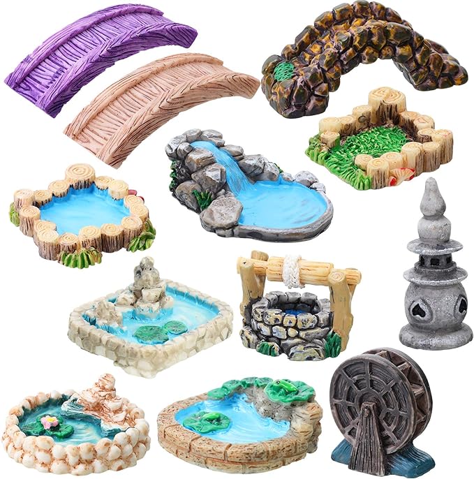Jetec 12 Pcs Mini Fairy Garden Accessories Miniature Tiny Stone Bridge Mini Pond Lighthouse Water Well Waterwheel Figurines Resin Ornaments for DIY Craft, Lawn Pond Decor