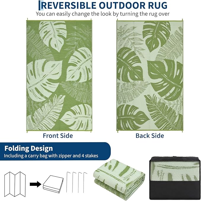 Waterproof Plastic Straw Outdoor Rug 9x18 Patio Reversible UV Resistant Foldable Camping Carpet Modern Leaf Print Large Outdoor Rugs for Deck, Picnic, Porch, Camper, Balcony, Beach，Green