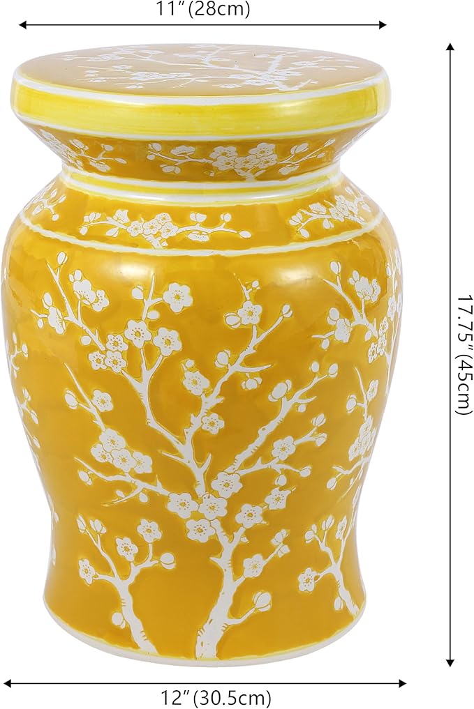 JONATHAN Y TBL1017E Cherry Blossom 17.75" Ceramic Indoor/Outdoor Garden Stool Coastal, Contemporary, Transitional, Patio, Garden Room, Bathroom, Living Room, Yellow/White