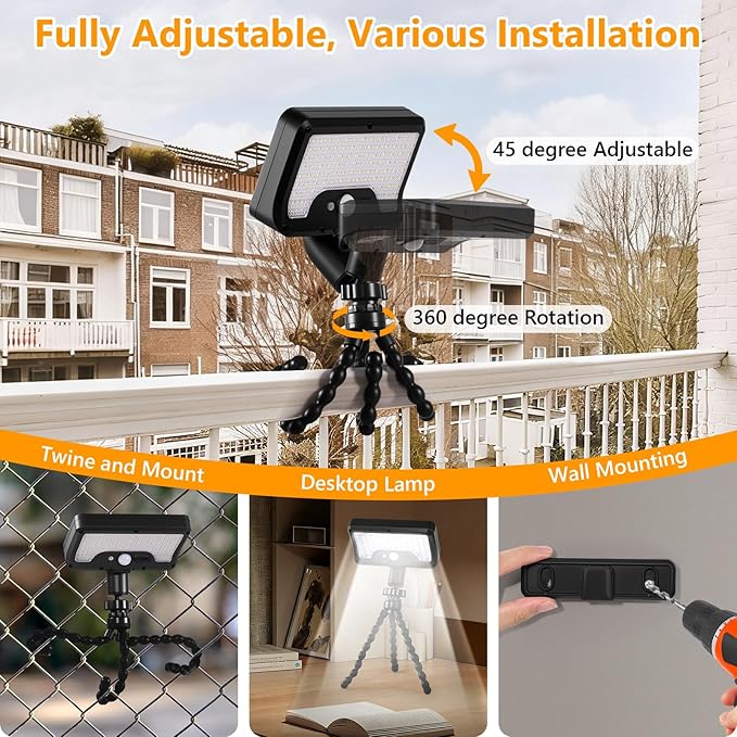 Solar Motion Lights Outdoor with Flexible Octopus Tripod, USB & Solar Powered Motion Sensor Lights with 92 LEDs(600LM,6000K), IP65 Waterproof Motion Activated Light for Fence, Camping, Gutter(2 Pack)