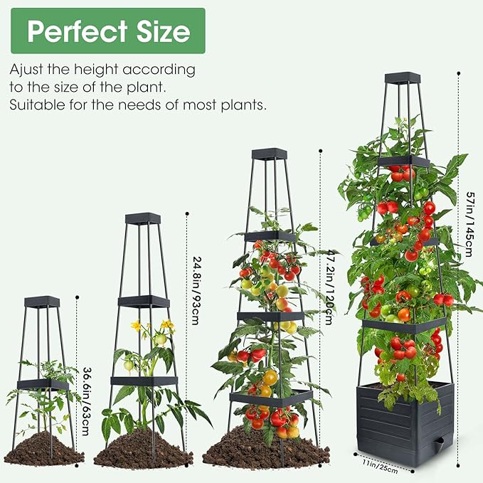 MQUPIN Trellis for Climbing Plants,57in Raised Garden Bed Planter Boxes with Trellis, Tomato Cage Planters for Climbing Plants Vegetable Vine Flowers Outdoor & Indoor/Self-Watering（2Pcs Black）