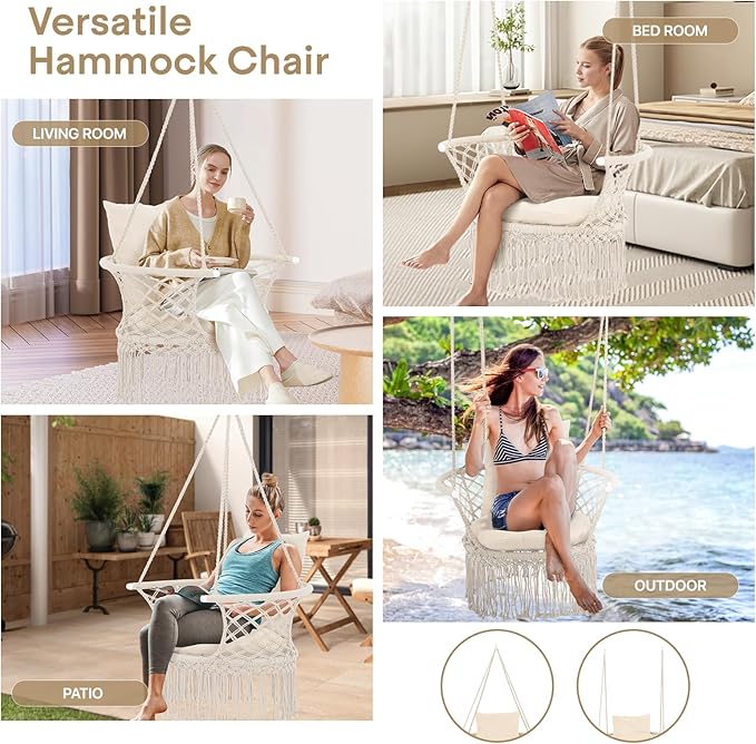 Athena Collection Hammock Swing Chair with Cushion, Outdoor Macrame Chair with Mounting Hardware, Max 350 Lbs, Large Cotton Rope Hanging Chair for Outdoor Indoor Porch Garden, Beige