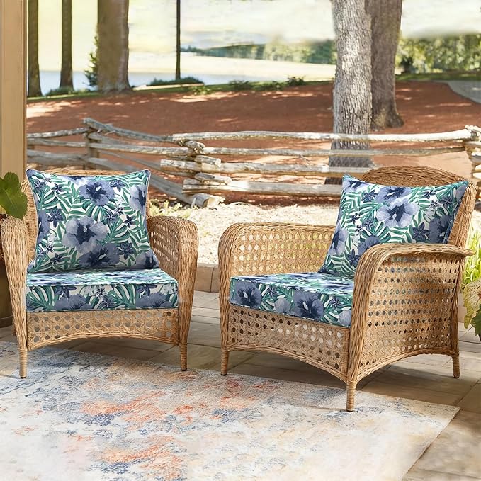 Outdoor Deep Seat Cushion Set, Water Repellent 24"x24" Patio Thick Cushions Replacement with Seat & Back Pillow for Patio Sofa, Wicker Chair, Couch - Blue Salmone Tropical