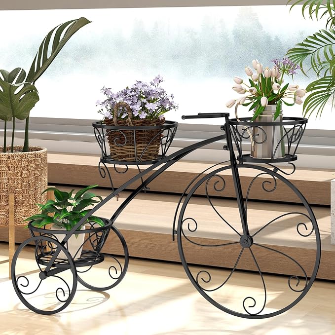 Giantex Metal Bicycle Planter, 3 Tier Tricycle Flower Plant Stand w/ 3 Decorative Wheels, Parisian Style Flower Display Stand Cart for Home Decor Patio Garden Flower Shop Indoor Outdoor