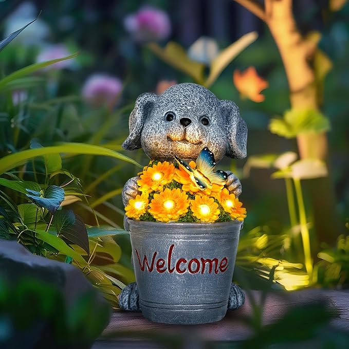 Solar Garden Decor Dog Statue Outdoor Christmas Decorations Dog Figurine Light with Bucket for Outdoor Patio Balcony Yard Porch Lawn for Women Mom Grandma Family Friend